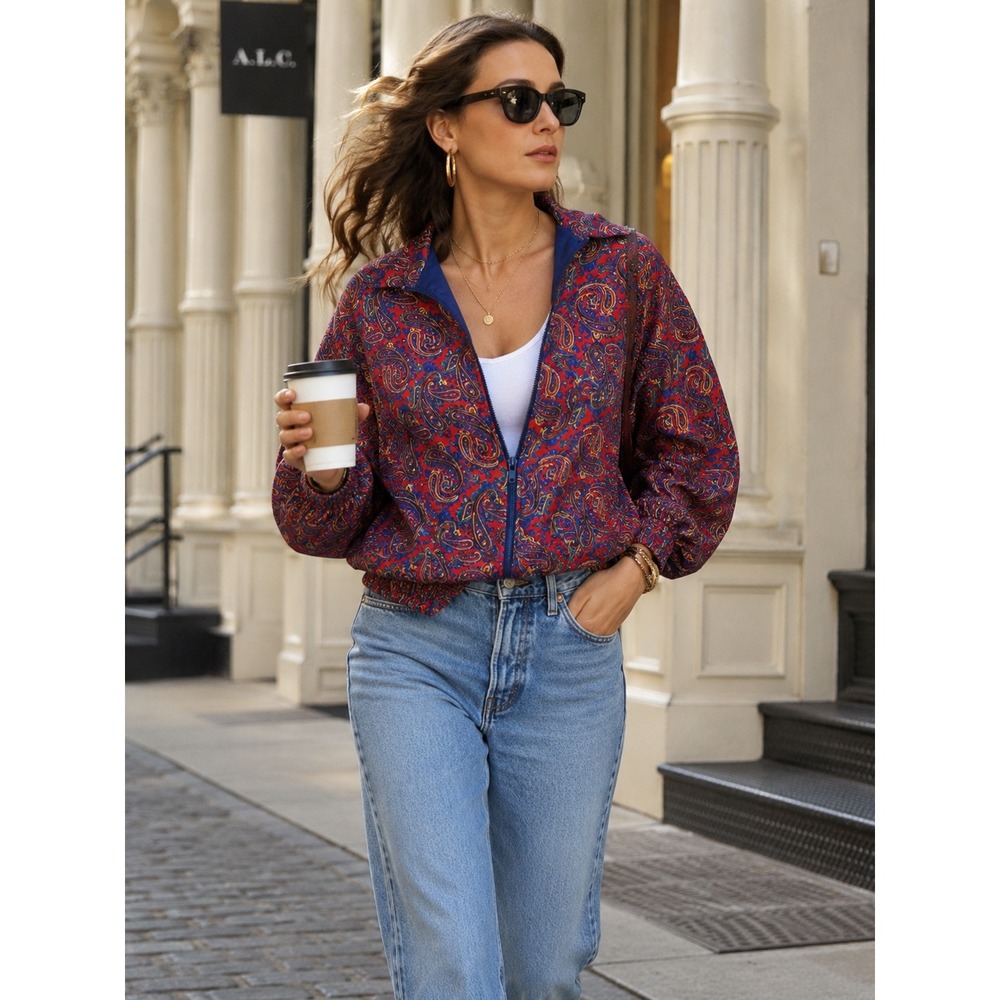 Oleg Cassini Vintage 100% Silk Paisley Bomber Jacket Red Blue Medium Windbreaker